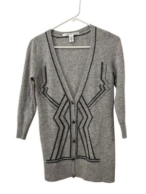 Diane von Furstenberg SzS Gray Soft Wool Beaded VNeck Button Cardigan Sweater